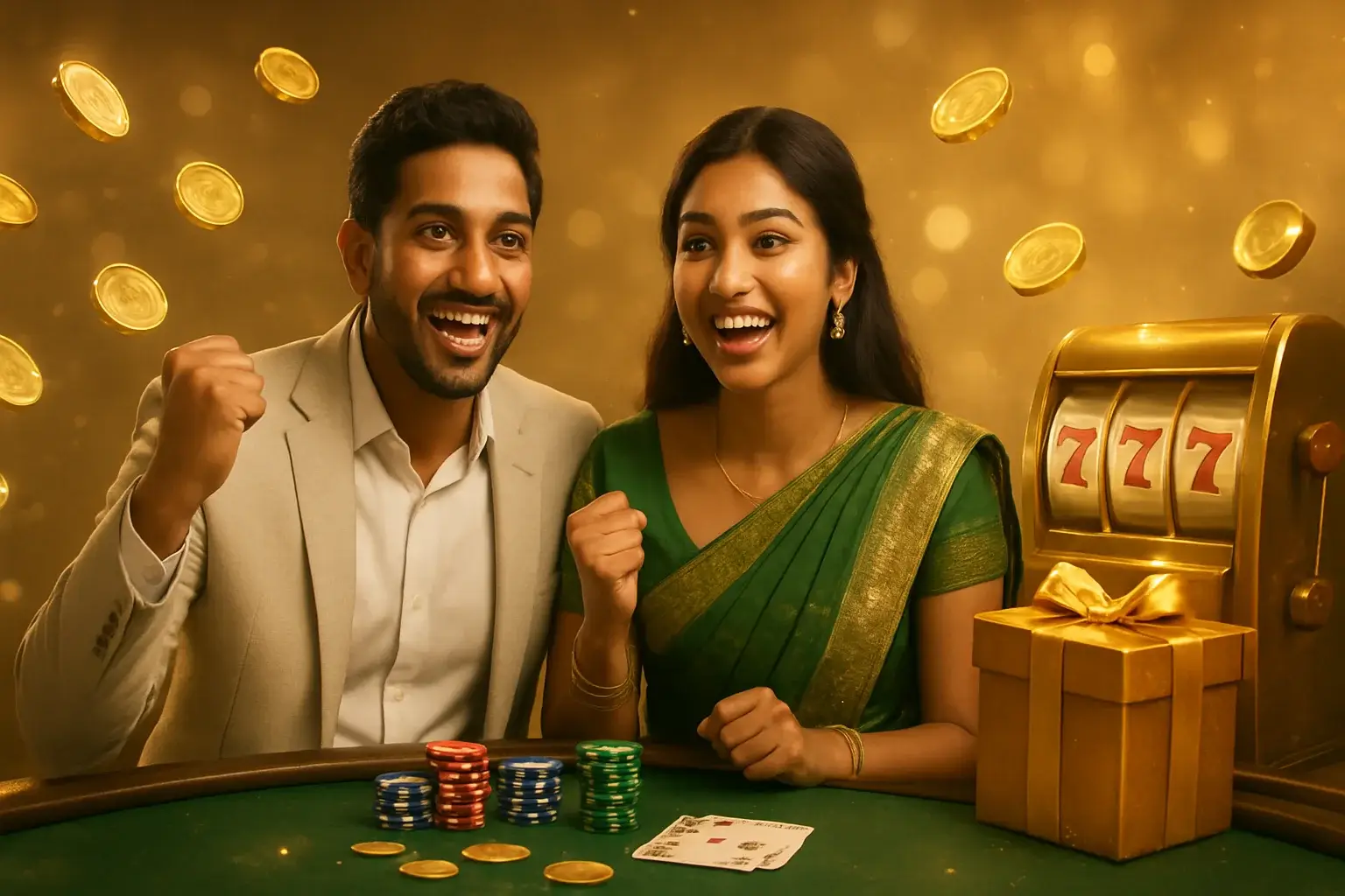 Happy South Asian couple celebrating casino welcome bonus at poker table with gold coins and chips